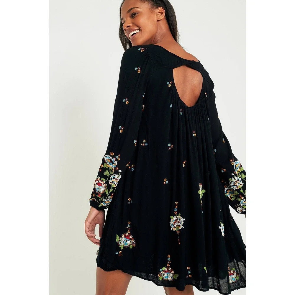 Free People Oxford Floral‎ Embroidered Boho Dress | Black + Floral